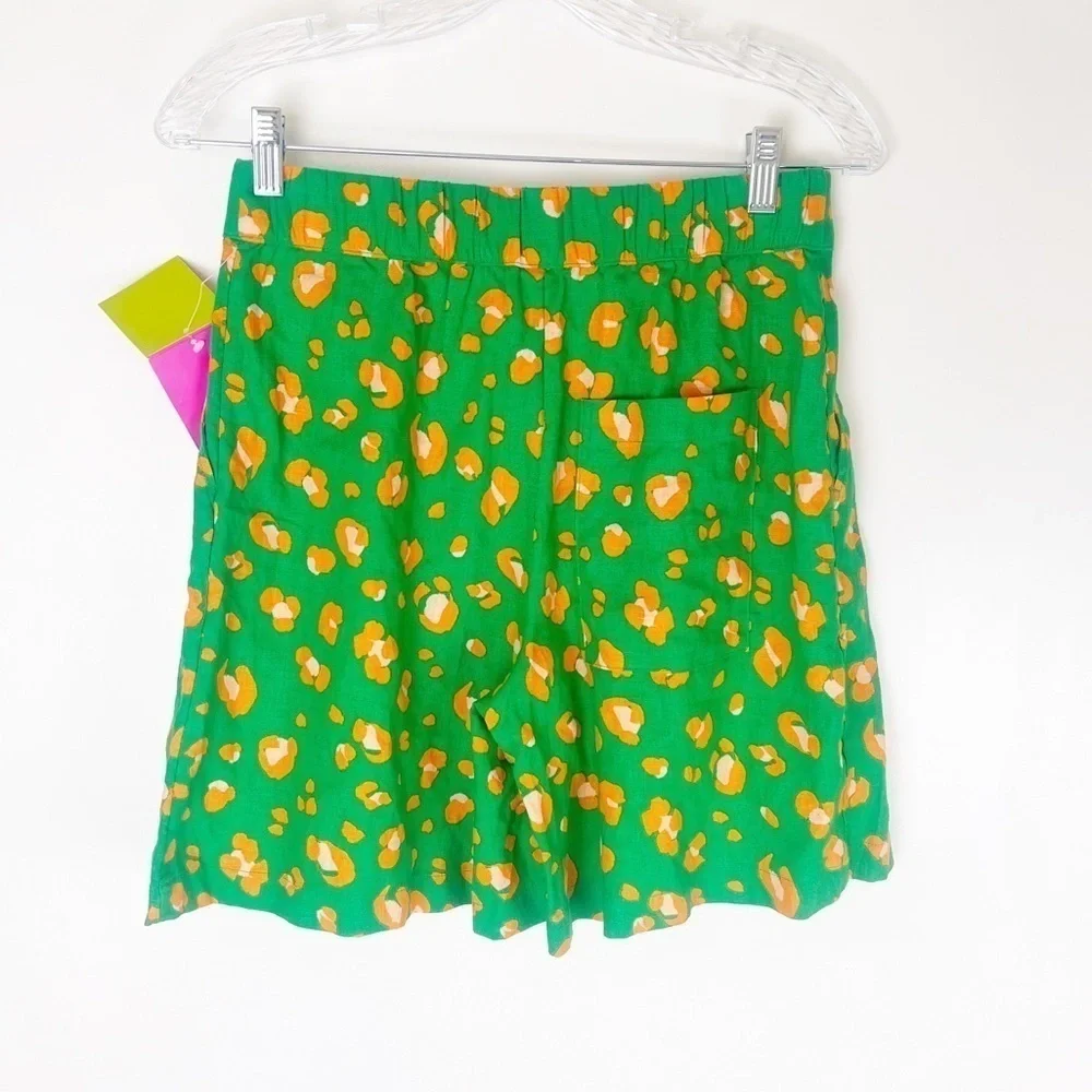 Tabitha Brown Green Orange Leopard Print Linen Shorts Size XS